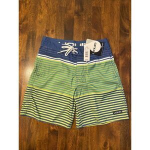 LIQUID YOUTH MED "We Play" Swim Swimming Shorts/Trunks Green, Blue Striped Style